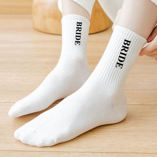 GroomBrideGifts Bride White Combed Cotton Socks, Gifts for Bridal Shower Engagement Wedding Honeymoon and Married Couples Anniversary.