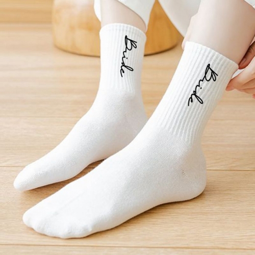 GroomBrideGifts Bride White Combed Cotton Socks, Gifts for Bridal Shower Engagement Wedding Honeymoon and Married Couples Anniversary.