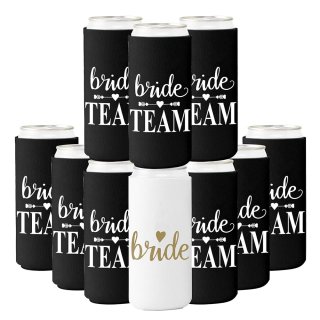 GroomBrideGifts 10 Packs Slim Can Cooler Bachelorette Party Favors Bridesmaid Gifts Bride Team Coozies.