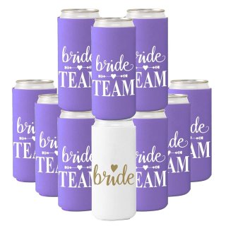 GroomBrideGifts 10 Packs Slim Can Cooler Bachelorette Party Favors Bridesmaid Gifts Bride Team Coozies.