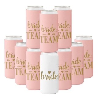 GroomBrideGifts 10 Packs Slim Can Cooler Bachelorette Party Favors Bridesmaid Gifts Bride Team Coozies.