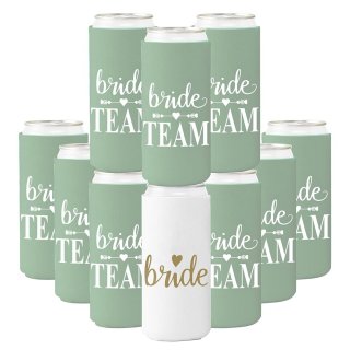 GroomBrideGifts 10 Packs Slim Can Cooler Bachelorette Party Favors Bridesmaid Gifts Bride Team Coozies.