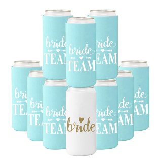 GroomBrideGifts 10 Packs Slim Can Cooler Bachelorette Party Favors Bridesmaid Gifts Bride Team Coozies.