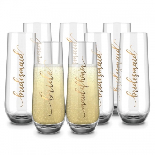 GroomBrideGifts Bridesmaid Stemless Champagne Flutes Set of 8, Bridal Party Wine Glasses, Bachelorette Party Cups Gifts.