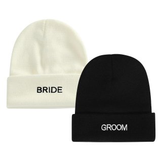 GroomBrideGifts Bride and Groom Gifts, Matching Winter Beanie Hat Set for Couples Engagement Wedding Ideas.