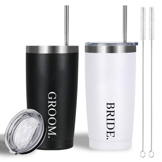 GroomBrideGifts Groom and Bride Tumblers - Wedding Gifts for Bride and Groom - Gifts for Bridal Shower Engagement Wedding and Married Couples Anniversary - 20 oz Stainless Steel Insulated Travel Cup with Lids.