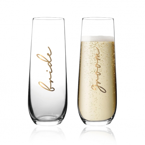 GroomBrideGifts Bride and Groom Wedding Stemless Champagne Flutes, Mr and Mrs Toasting Glasses Set of 2, Bridal Shower Gift.