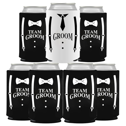 GroomBrideGifts Bachelor Party Favors 7 Pcs Can Cooler Sleeves Groomsmen Beer Can Cooler for Party Decorations.